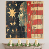 Vintage American Folk Art Patriotic Wall Print on Rustic Wood Texture on Ready to Hang 1.5" Thick Canvas Wrap, Floating Framed Canvas, Flat Rolled Canvas